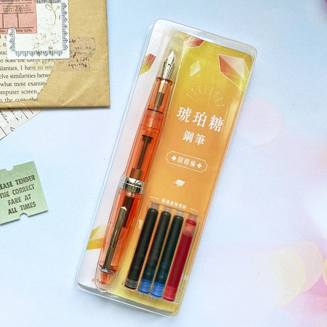 琥珀糖鋼筆-甜橙橘(含萬用F筆尖+4管卡式墨水+用鋼筆畫可愛生活插畫手帳)