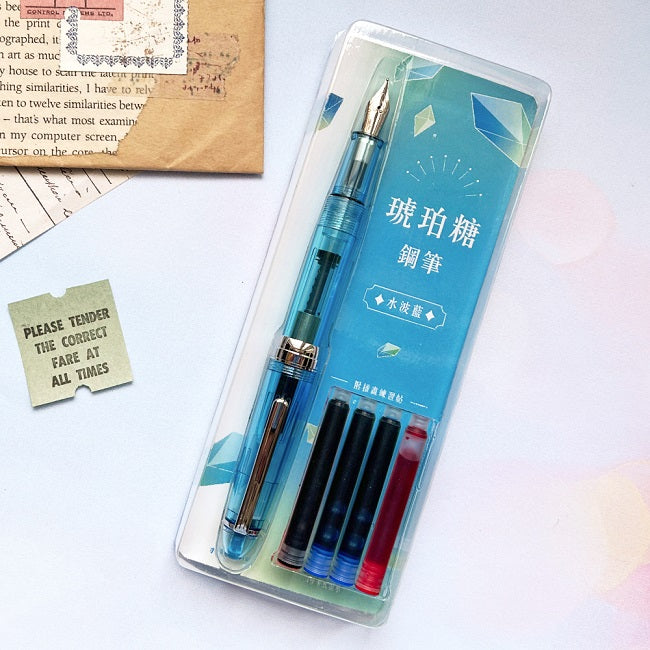 琥珀糖鋼筆-水波藍(含萬用F筆尖+4管卡式墨水+用鋼筆畫可愛生活插畫手帳)